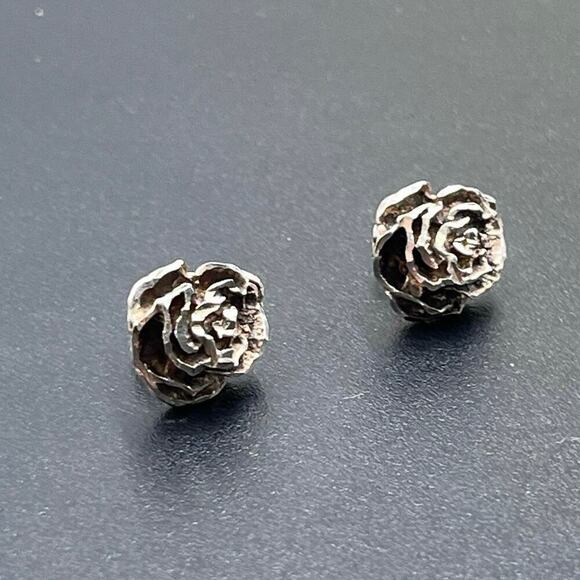 M Designer Signed Sterling Silver Diamond Cut Rose Stud Pierced Earrings Mexico - Picture 2 of 11
